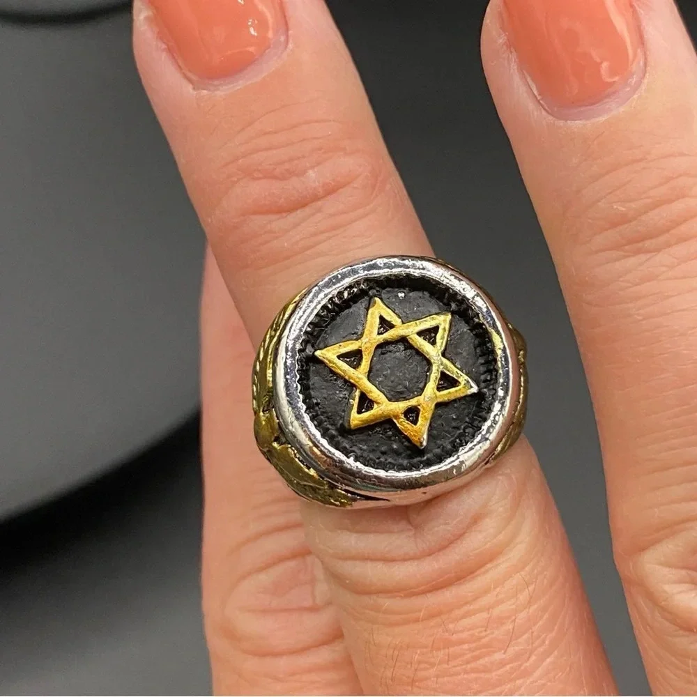 Gold Plated Stainless Steel 6 Point Star Ring with Eagle Design Size 8
